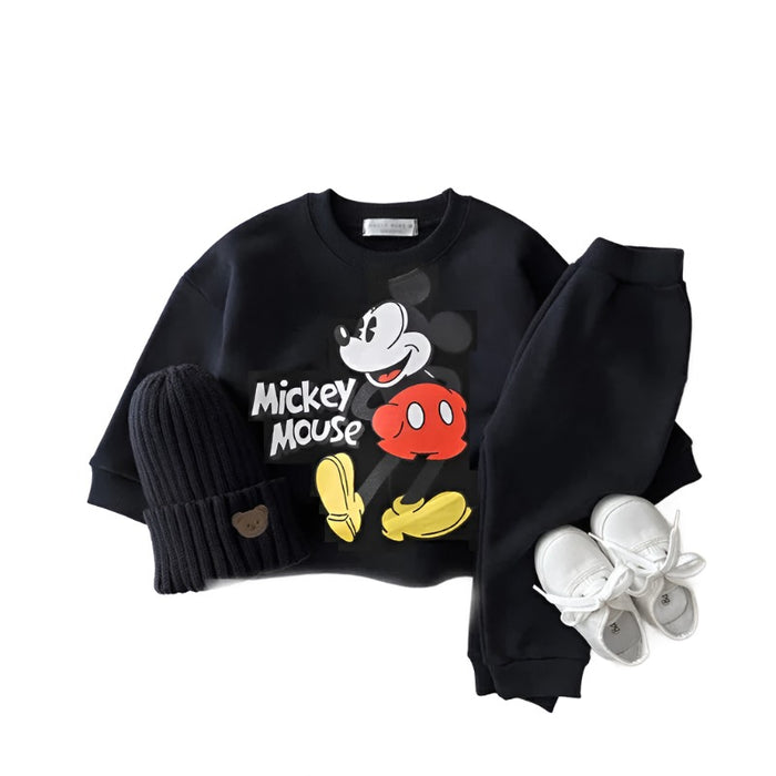 Mickey Mouse Cartoon Characters Two Piece Sweatshirt And Trousers Set For Toddlers