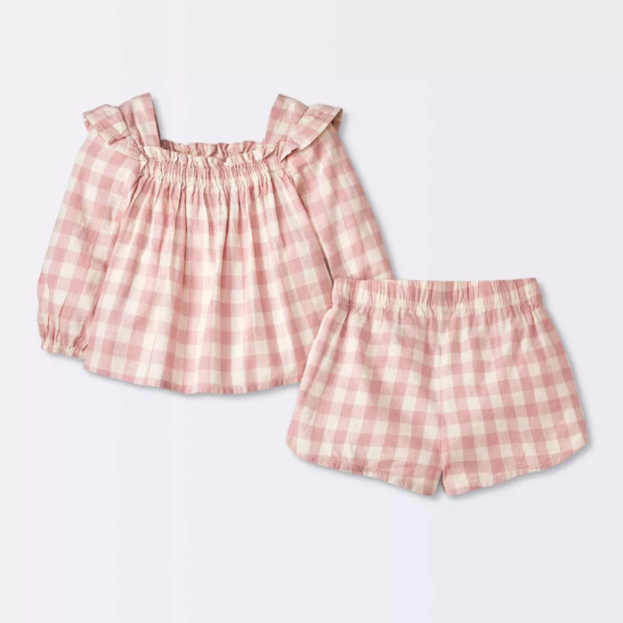 Gingham Long Sleeve Top And Shorts Set