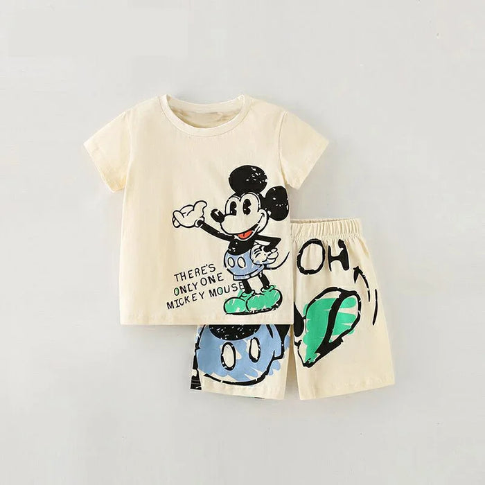 Mickey Mouse Cartoon Printed Two Pieces Short Sleeve T Shirt Shorts Set