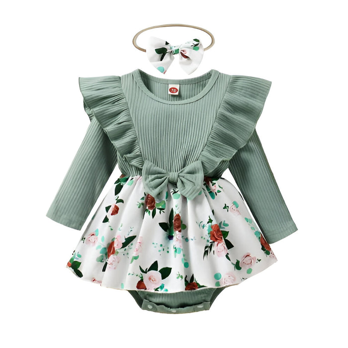 2Pcs Baby Girl Long Sleeves Jumpsuit With Bow Headband