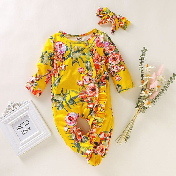 Floral Romper With Headband For Toddlers