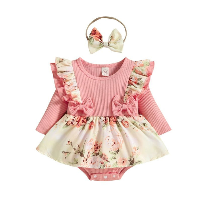 Girl's Floral Jumpsuit Dress With Headband Set