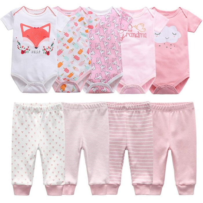 Multicolor Fall Bodysuits And Long Cotton Pants For Toddlers