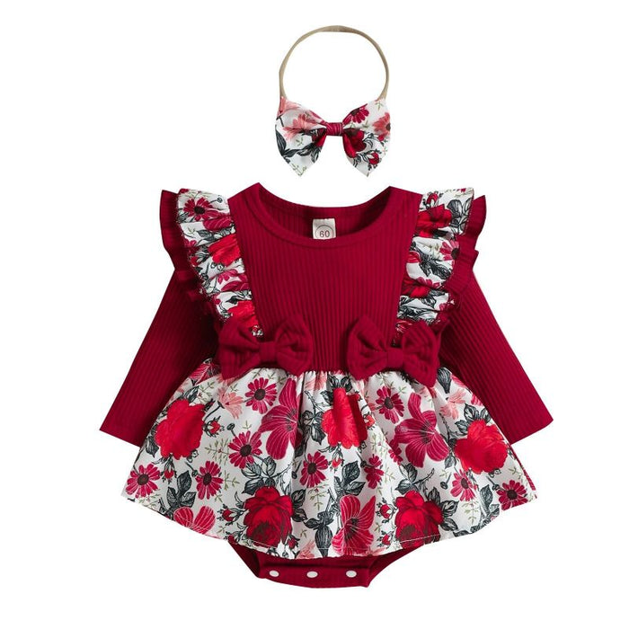 Girl's Floral Jumpsuit Dress With Headband Set