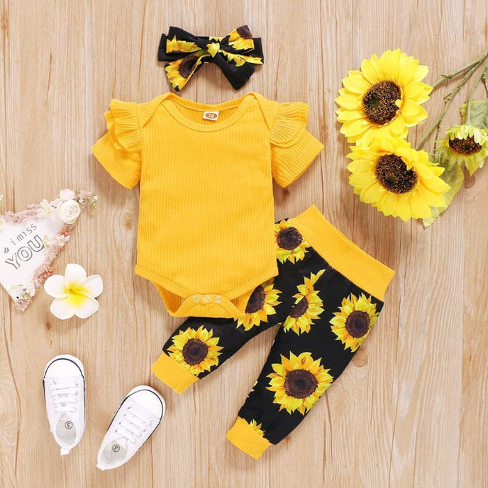 Newborn Baby Girl Short Ruffled Sleeve 3 Pcs Floral Pants Set