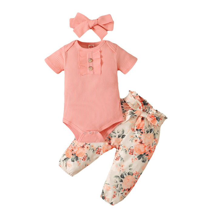 Newborn Baby Girl Short Ruffled Sleeve 3 Pcs Floral Pants Set