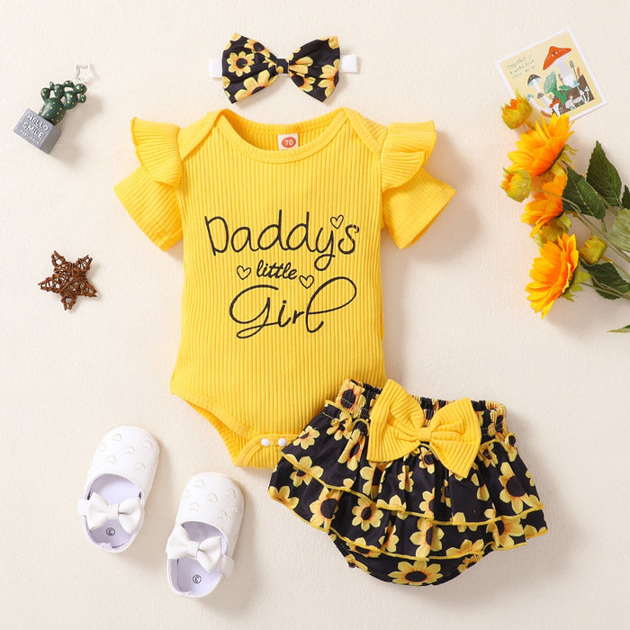 Newborn Baby Girl Short Ruffled Sleeve 3 Pcs Clothes Set