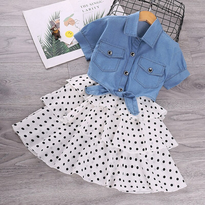 Short-Sleeved Denim Jacket And Polka Dot Suspender Skirt Set