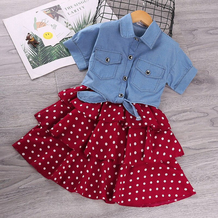 Short-Sleeved Denim Jacket And Polka Dot Suspender Skirt Set