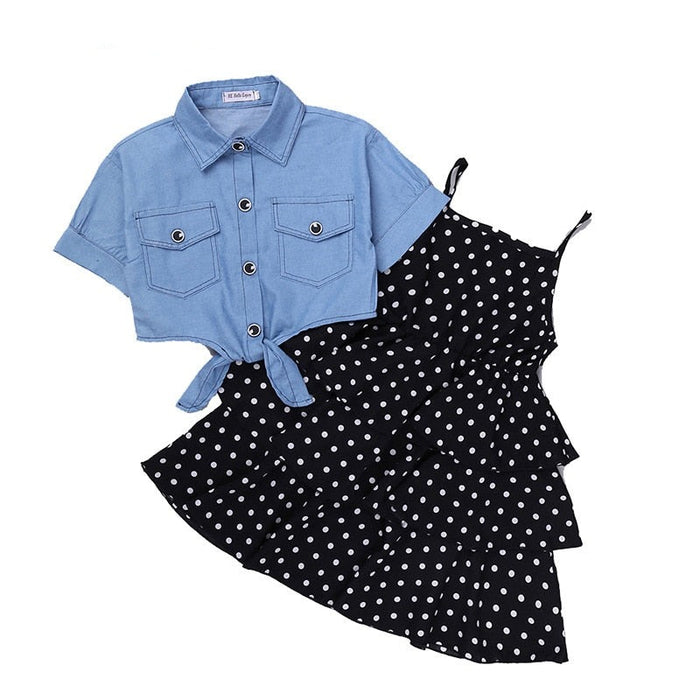 Short-Sleeved Denim Jacket And Polka Dot Suspender Skirt Set