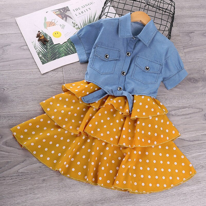 Short-Sleeved Denim Jacket And Polka Dot Suspender Skirt Set