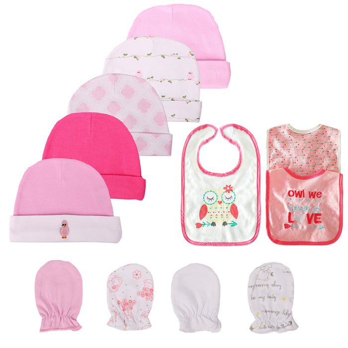 3Pcs Unisex Baby Cartoon Print Hat, Glove And Bibs Set