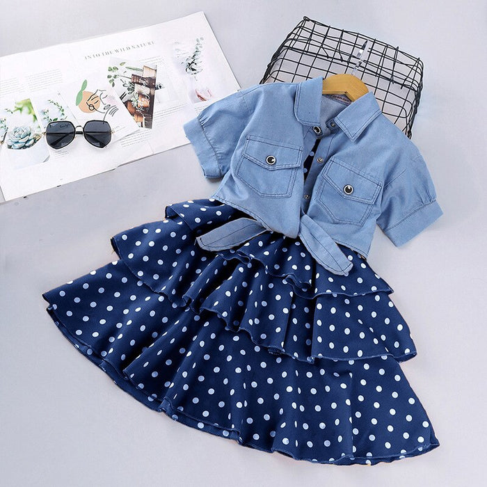 Short-Sleeved Denim Jacket And Polka Dot Suspender Skirt Set