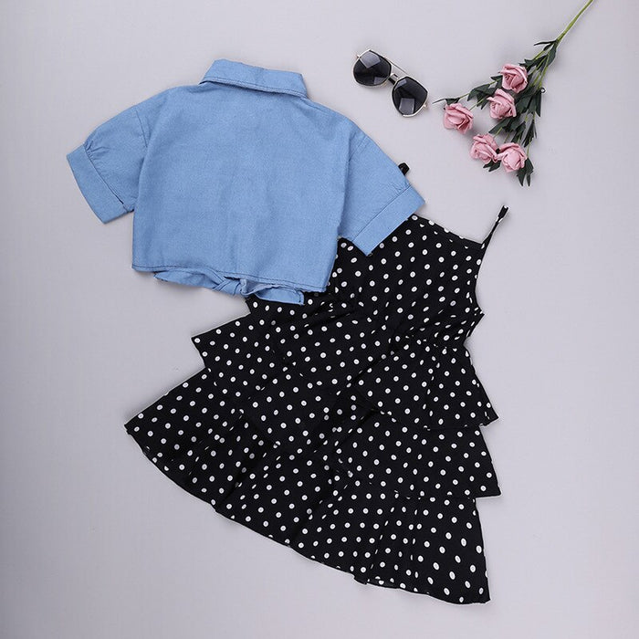 Short-Sleeved Denim Jacket And Polka Dot Suspender Skirt Set