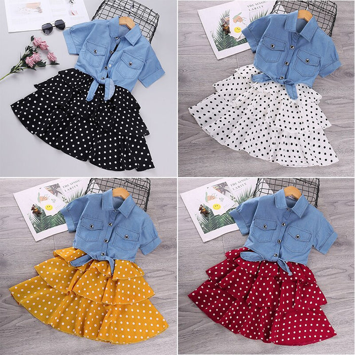 Short-Sleeved Denim Jacket And Polka Dot Suspender Skirt Set