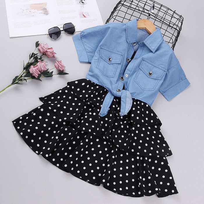 Short-Sleeved Denim Jacket And Polka Dot Suspender Skirt Set