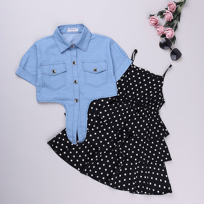 Short-Sleeved Denim Jacket And Polka Dot Suspender Skirt Set