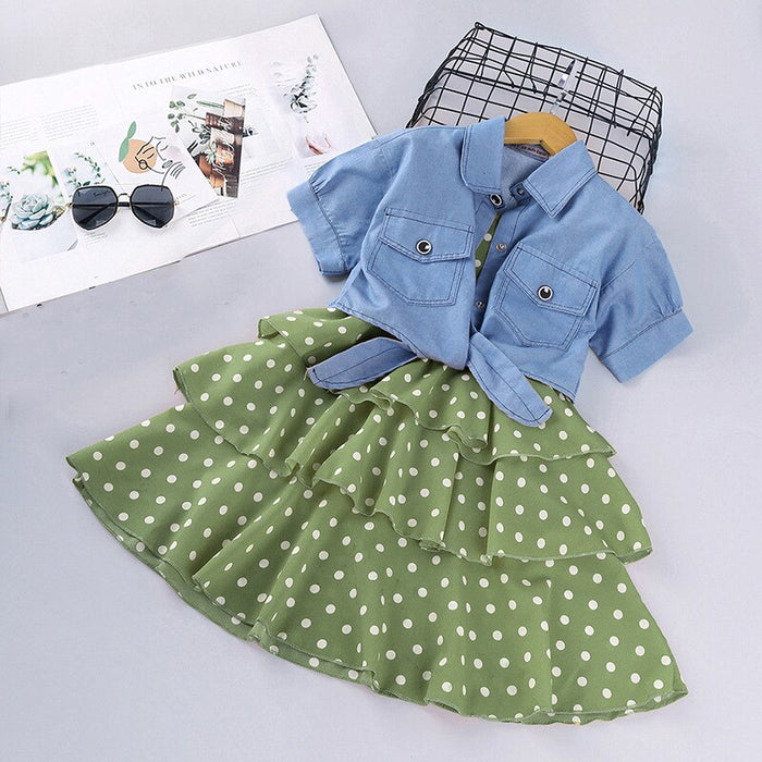 Short-Sleeved Denim Jacket And Polka Dot Suspender Skirt Set