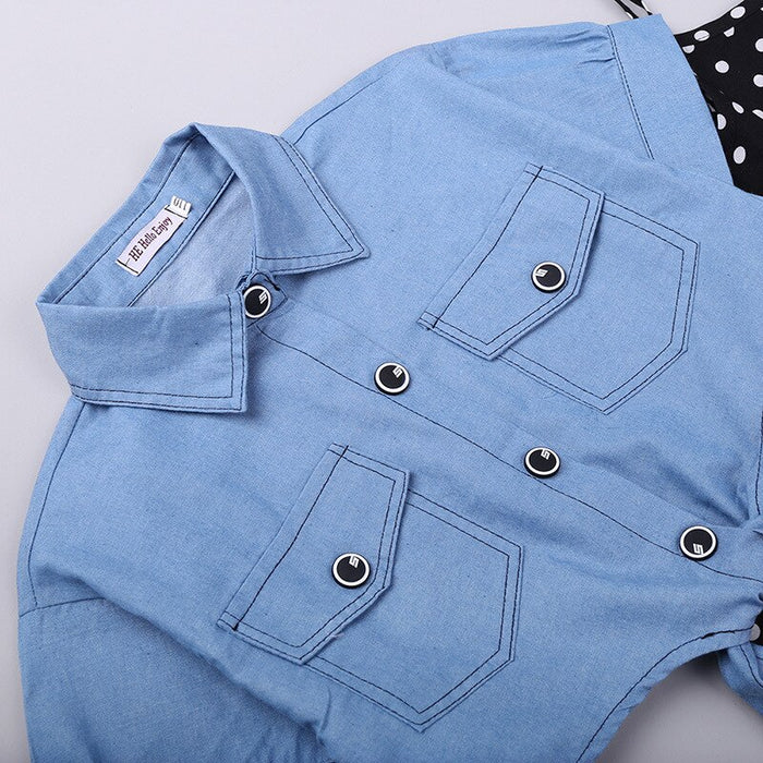 Short-Sleeved Denim Jacket And Polka Dot Suspender Skirt Set