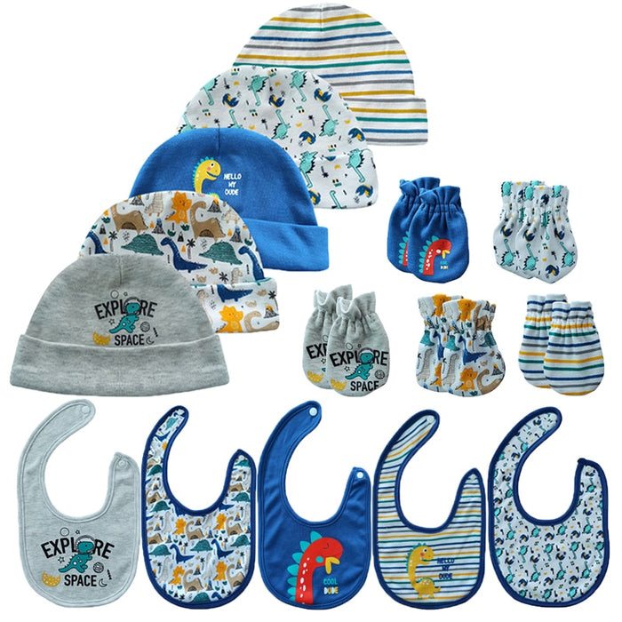 3Pcs Unisex Baby Cartoon Print Hat, Glove And Bibs Set