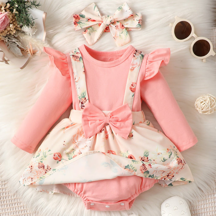 Newborn Baby Girl Short Ruffled Sleeve 3 Pcs Floral Dresses