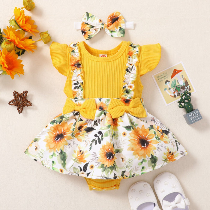 Newborn Baby Girl Short Ruffled Sleeve 3 Pcs Floral Dresses