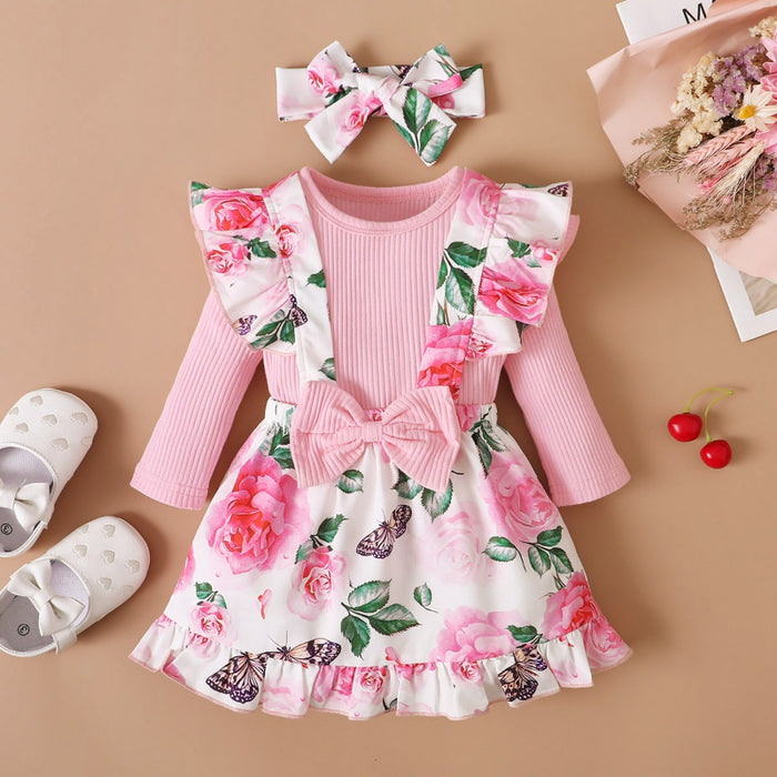 Newborn Baby Girl Short Ruffled Sleeve 3 Pcs Floral Dresses