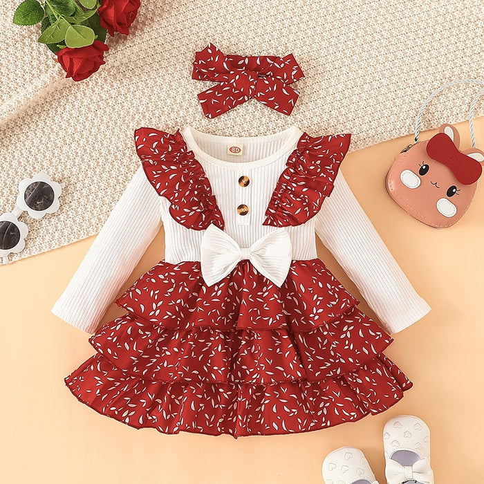 Long Sleeves Floral Red Dress With Headband