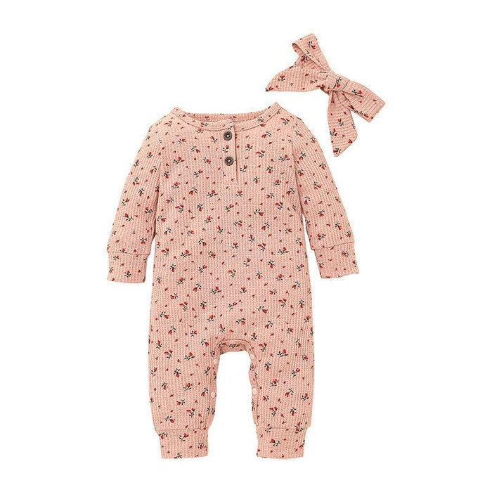 Girl Baby's Floral Print Romper With Headband