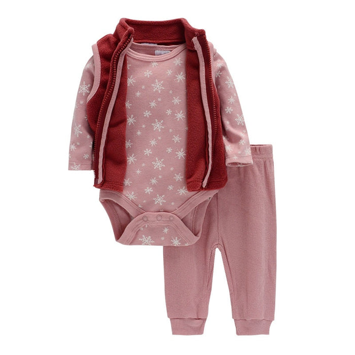 3Pcs Cotton Outfits Jumpsuit, Coat, And Pants Set