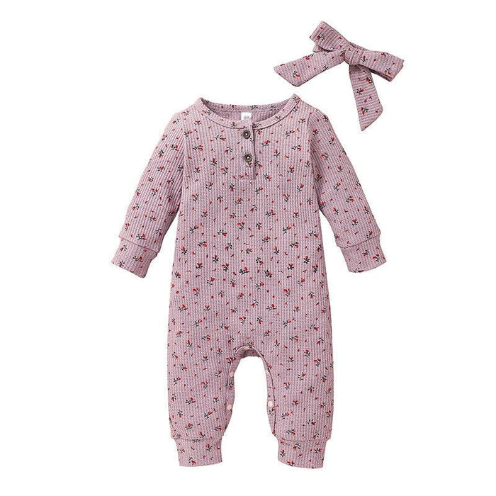 Girl Baby's Floral Print Romper With Headband