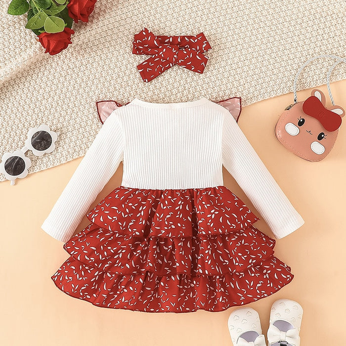 Long Sleeves Floral Red Dress With Headband