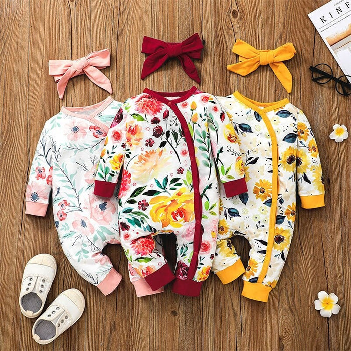 Girl's Floral Print Romper With Headband