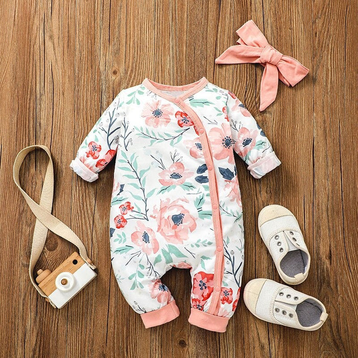 Girl's Floral Print Romper With Headband