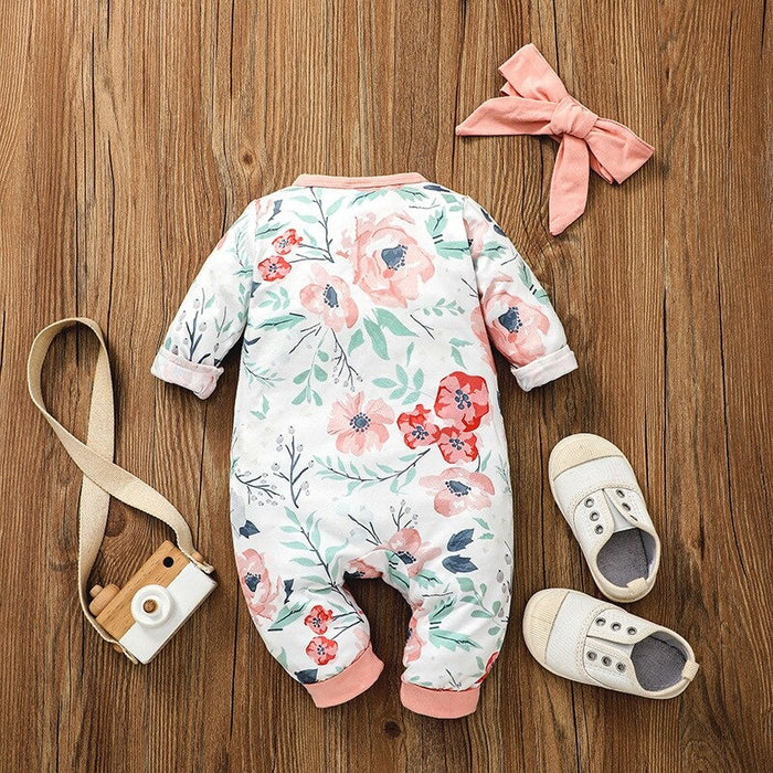 Girl's Floral Print Romper With Headband