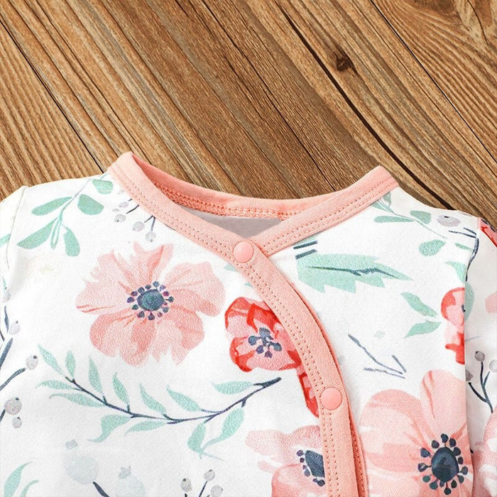 Girl's Floral Print Romper With Headband