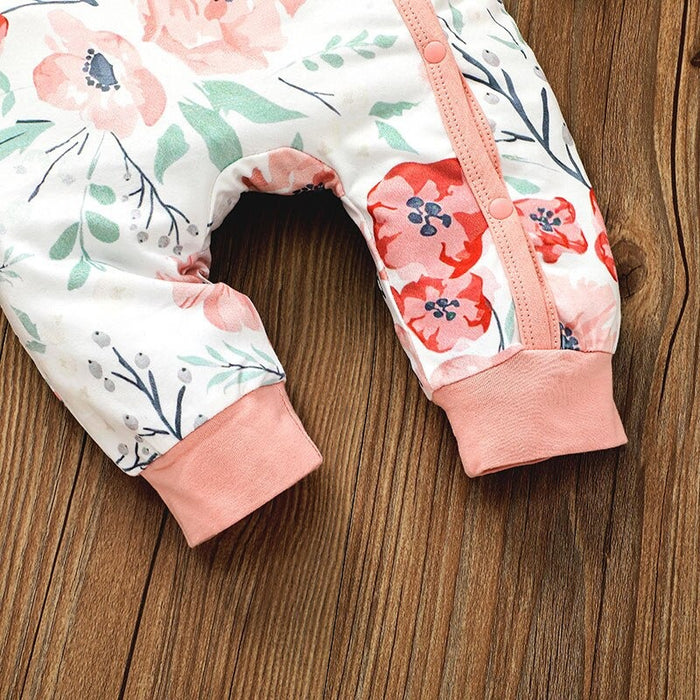 Girl's Floral Print Romper With Headband