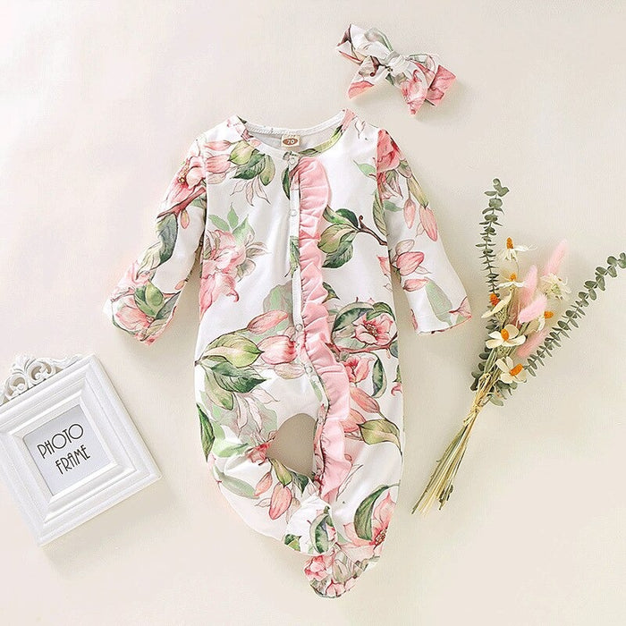 Floral Romper With Headband For Toddlers