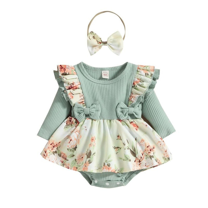 Girl's Floral Jumpsuit Dress With Headband Set