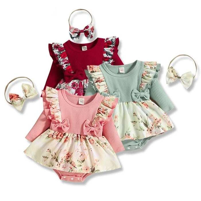 Girl's Floral Jumpsuit Dress With Headband Set