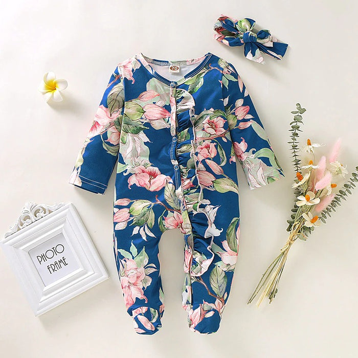 Floral Romper With Headband For Toddlers