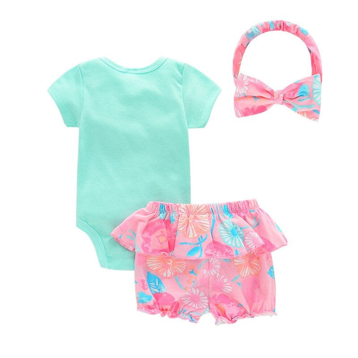 Girls 3Pcs Bodysuit Set With Short Pants & Headband