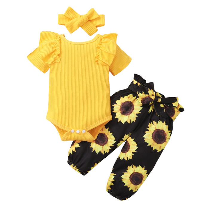 Newborn Baby Girl Short Ruffled Sleeve 3 Pcs Floral Pants Set