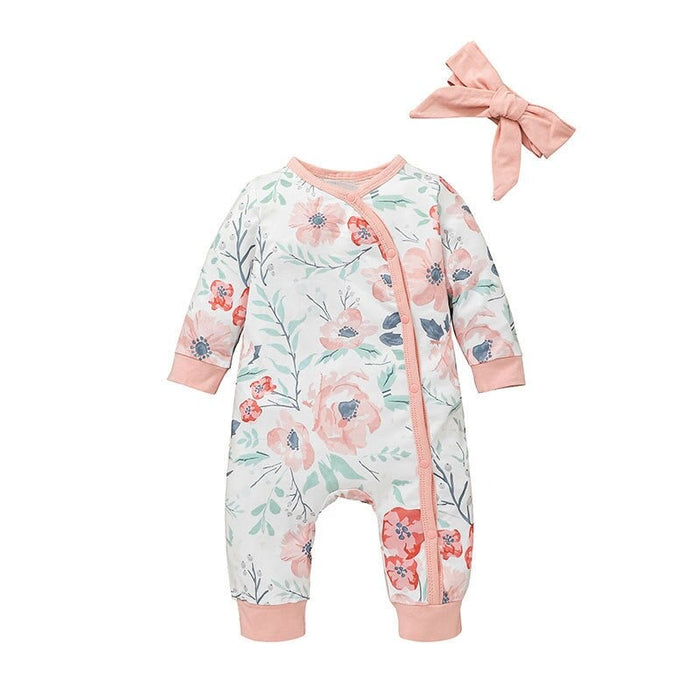 Girl's Floral Print Romper With Headband