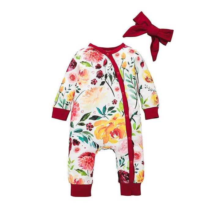 Girl's Floral Print Romper With Headband